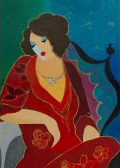 Itzchak Tarkay Portraiture Painting Lady in Red III 2000 IT321